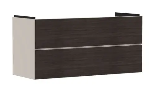 Waschtischunterschrank in Sandbeige mit zwei Schubkästen, hergestellt von Hansgrohe. Die Oberfläche ist matt und hat eine Holzoptik in dunklerem Farbton.